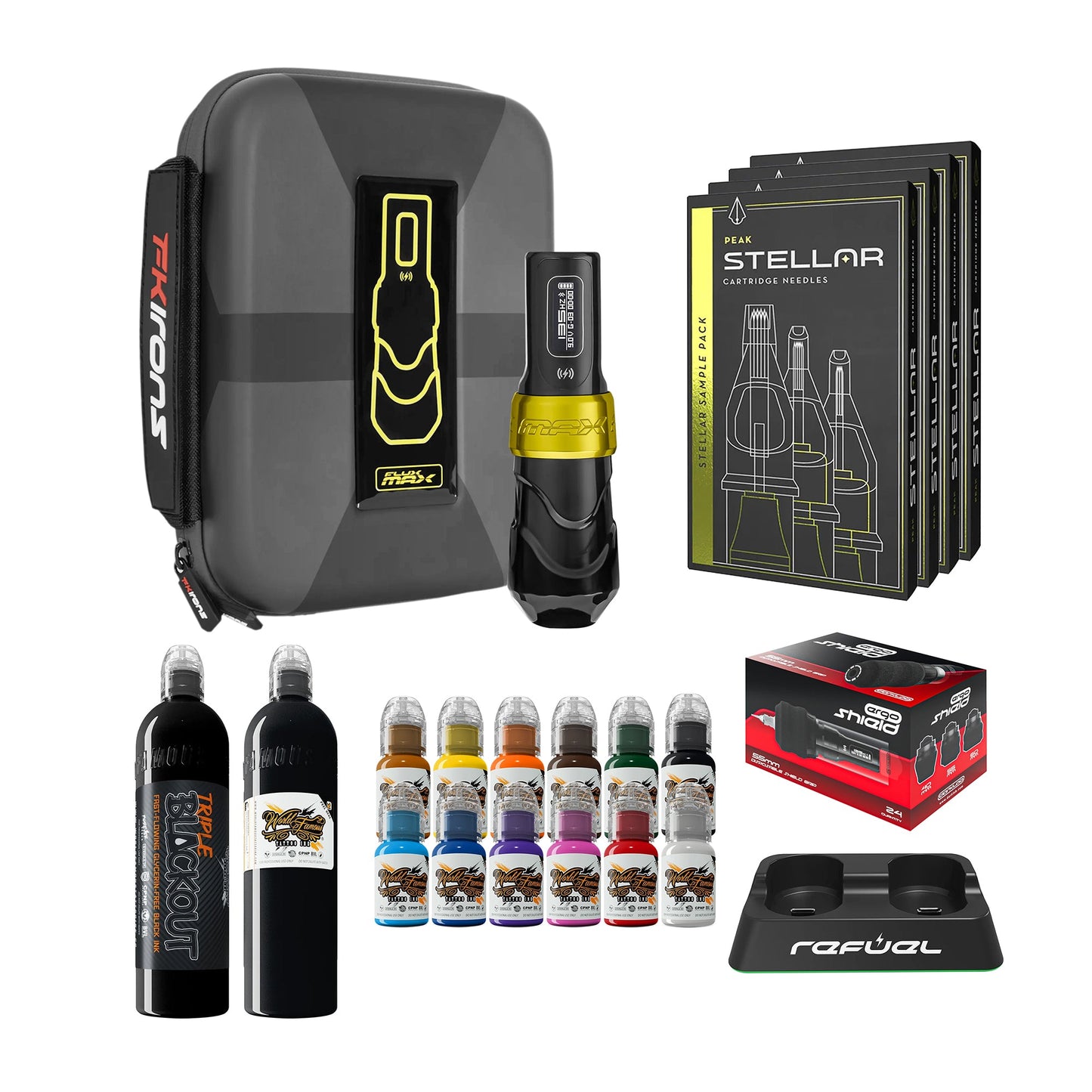 FK Irons Flux Max Bundle With 1 PowerBolt Battery – Pick Color and Stroke Length - FK Irons - Precision Tattoo MachinesFK Irons Flux Max Bundle With 1 PowerBolt Battery – Pick Color and Stroke Length