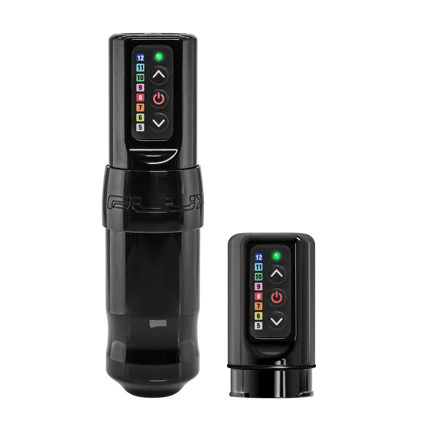 Wireless tattoo machine, the Spektra Flux, shown with an extra battery pack