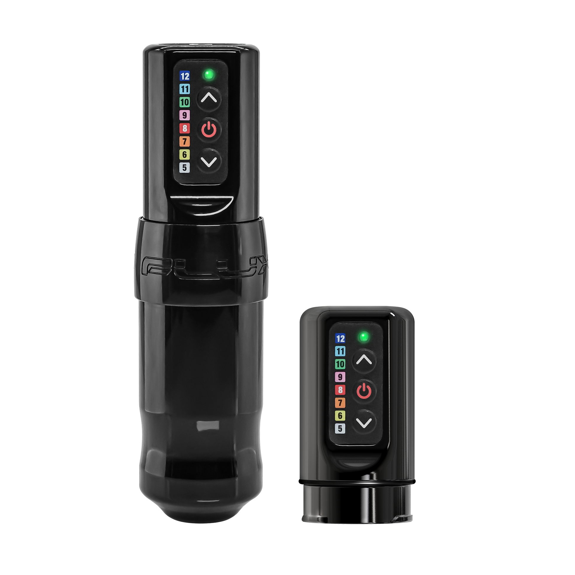 Wireless tattoo machine, the Spektra Flux, shown with an extra battery pack