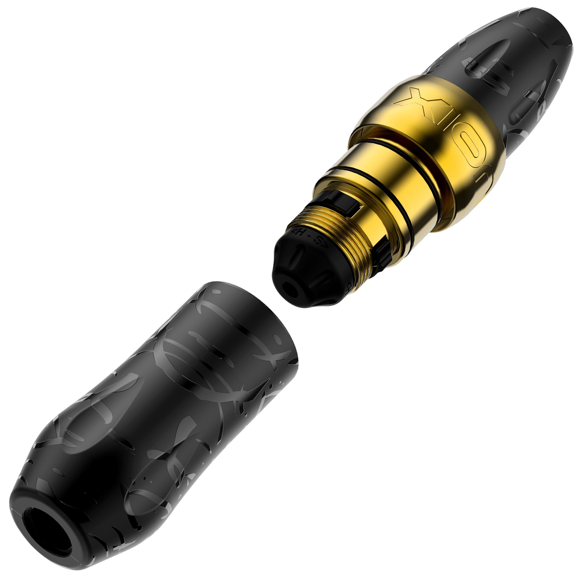 Spektra Xion tattoo machine in black with black, glossy squiggles and goldtone on the machine body
