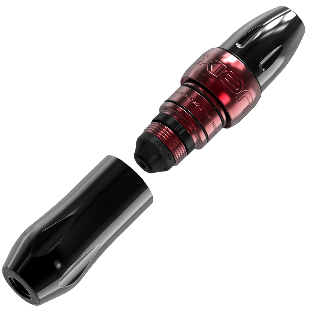 Spektra Xion pen tattoo machine with a view showing the grip separated from the machine body. Special edition in black and ruby red