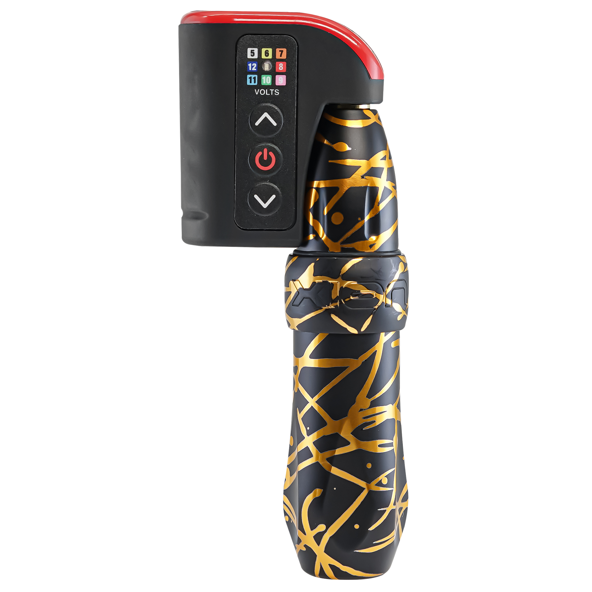Spektra Xion tattoo machine in black with goldtone squiggles, shown with LightningBolt wireless power supply (for purchase separately)
