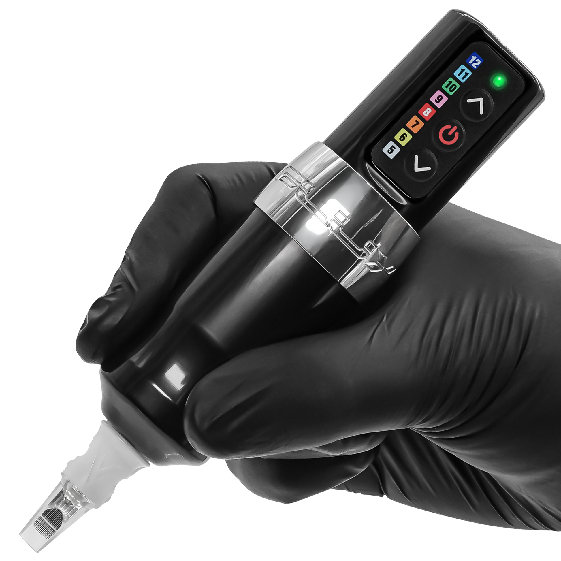Spektra Flux wireless tattoo machine, held by a gloved hand